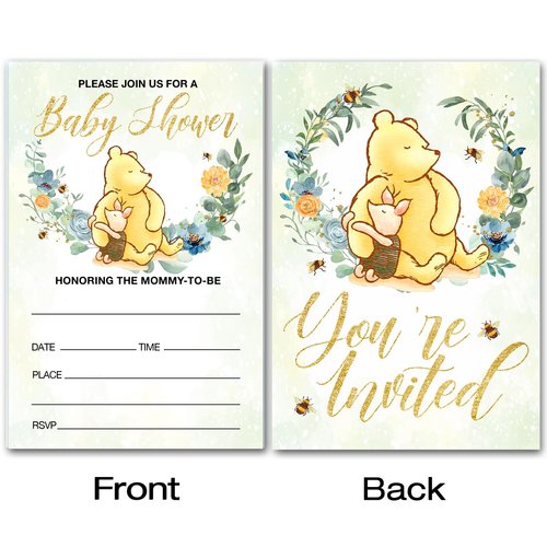 brayqu Winnie the Pooh Baby Shower Party Invitations Floral Pooh Bear Baby Shower Party Invites (20 Cards with Envelopes)