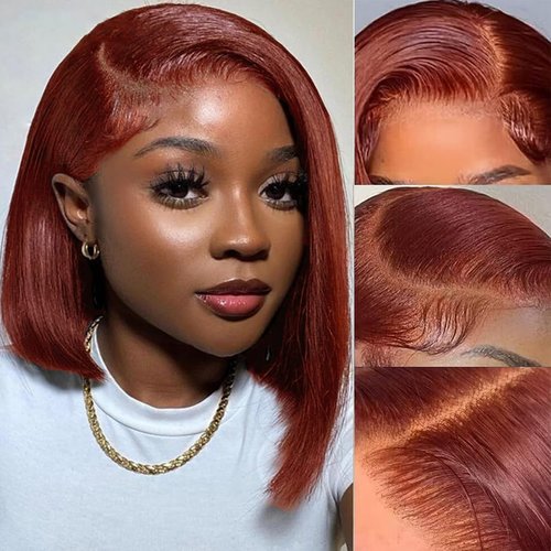 RQY Reddish Brown Bob Wig Human Hair 13x4 Frontal Lace Wig Auburn Colored Bob Human Hair Wig 12inch Reddish Brown Short Straight Bob Lace Front Wigs Human Hair 180% Density