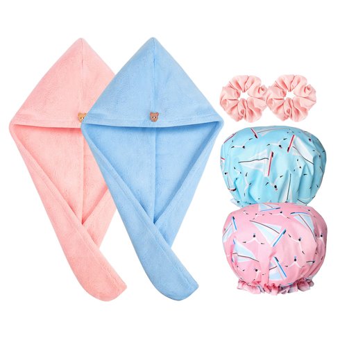 RosyReeds Hair Care & Accessories: 2PCS Microfiber Hair Towel Wrap, Super Absorbent for Women Curly Long Hair Drying; 2PCS Shower Cap Reusable Waterproof, Dual Layer; 8PCS Satin Scrunchies & Hair Ties