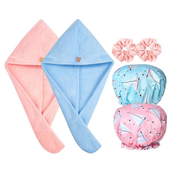 RosyReeds Hair Care & Accessories: 2PCS Microfiber Hair Towel Wrap, Super Absorbent for Women Curly Long Hair Drying; 2PCS Shower Cap Reusable Waterproof, Dual Layer; 8PCS Satin Scrunchies & Hair Ties