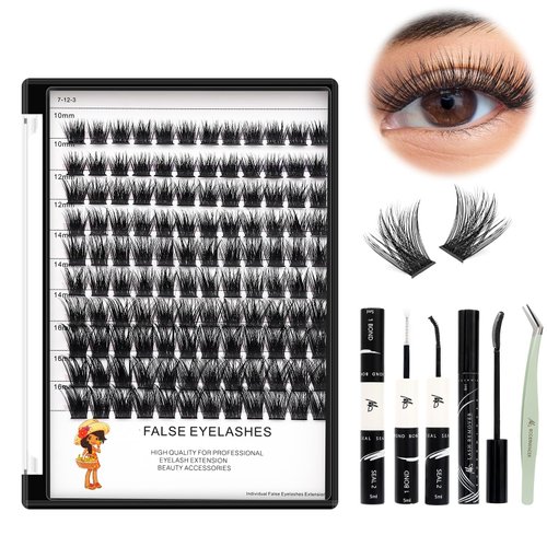 BODERMINCER Lash Clusters Kit 10-12-14-16mm Mixed Natural D Curl Fairy Lashes Pre-glue Lash Extension Kit Bond and Seal Kit For Self Use DIY at Home (Lash KIT M01# 10-12-14-16mm MIX)