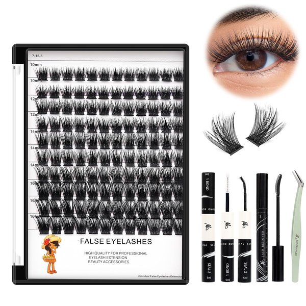 BODERMINCER Lash Clusters Kit 10-12-14-16mm Mixed Natural D Curl Fairy Lashes Pre-glue Lash Extension Kit Bond and Seal Kit For Self Use DIY at Home (Lash KIT M01# 10-12-14-16mm MIX)