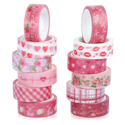 PUIKSXER Valentine's Day Washi Tape, 12 Rolls Heart Love Rose Plaid Pattern Masking Tapes 15 mm Pink Decorative Tape for Journaling Wedding DIY Craft Gift Wrapping - 16.4ft