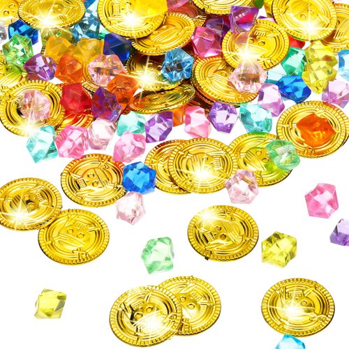 Hanaive 150 Pieces Plastic Pirate Gold Coins Acrylic Colored Gems Fake Gems Buried Pirate Treasure Pirate Party Decorations for Halloween Pirate Adventure Themed Event Birthday Party Props Decor