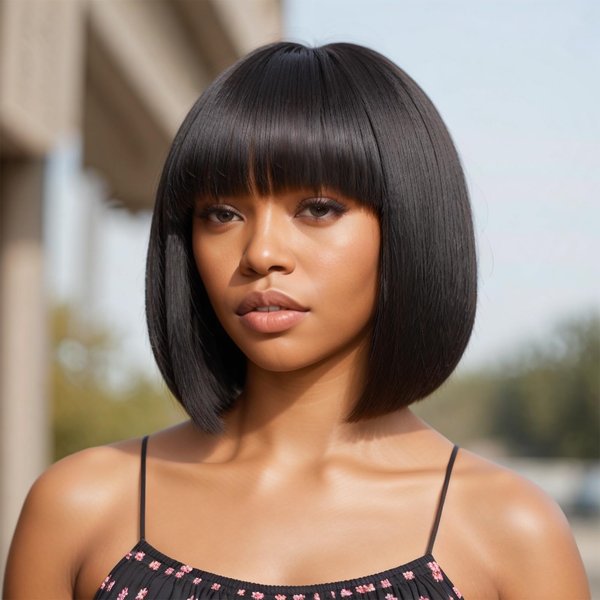 YKB 10 Inch Light Yaki Straight Bob Wigs with Bangs Human Hair Short Bob Human Hair Wigs for Black Women HD Lace Glueless Ready to Go Blunt Cut Bob Wig 180 Density