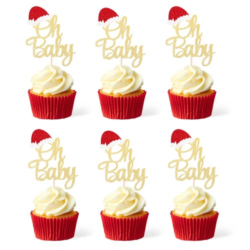 Gexolenu 24 Pcs Christmas Oh Baby Cupcake Toppers, Double-sided Glitter Red Santa Hat Oh Baby Cupcake Picks For Christmas Theme Baby Shower Kids Birthday Party Cake Decorations Supplies