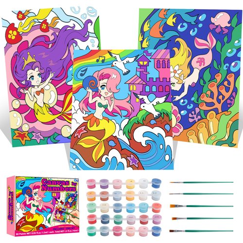 Sixth Space Mermaid Paint by Numbers for Kids Ages 6-12 - Acrylic Paint Set, Paint by Numbers for Beginner, DIY Craft, Include 3 Canvas Framed with 30 Pots, 5 Brushes, Wooden Crafts to Paint