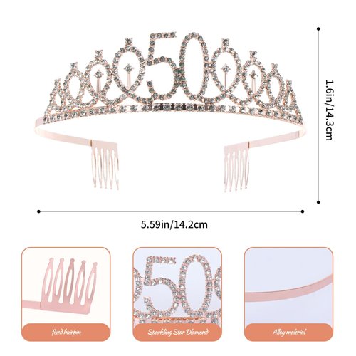 50th Birthday Sash and Tiara Set Rose Gold Birthday Sash Crown Birthday Party Favors Supplies for Birthday Party