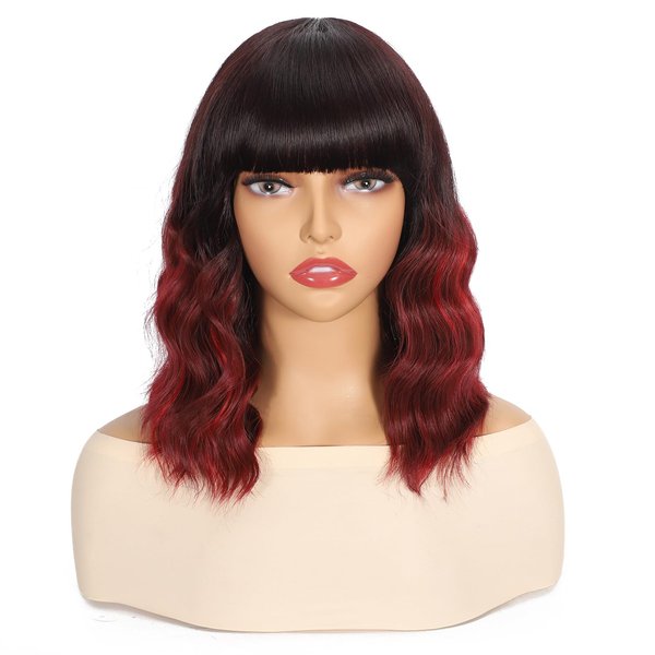 Apoze Short Wig With Bangs For Women,Synthetic Cosplay Bob Wigs,Curly Hair Wigs For Daily Party Use,Natural Looking Heat Resistant Shoulder Length Wig(Ombre Red Highlight)