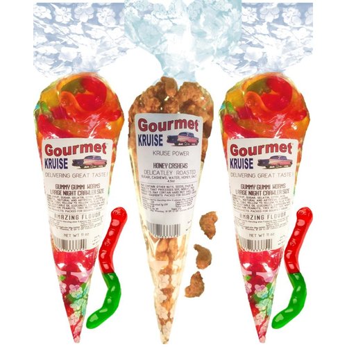 Gummy Worms (2) Wild Fruit Assorted (1) Cashews Honey Roasted Delicately (NET WT 26.5 OZ) Gourmet Kruise Signature Gift Bags