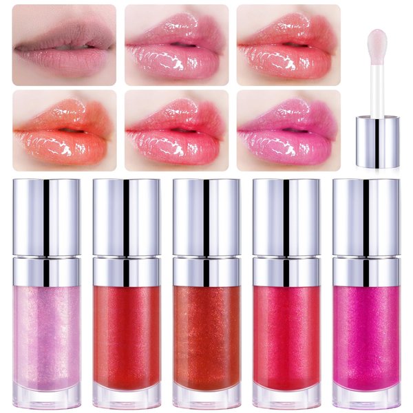 RTBYUE Hydrating Lip Glow Oil, 5 Piece Lip Gloss Gift Set, Moisturizing Lip Glow Oil, Lip Plumper Gloss, Non-Sticky, High Shine Tinted Lip Gloss(5PCS Circle Tube)