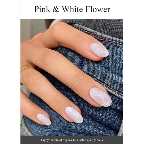 AutyaMee Semi Cured Gel Nail Strips (Pink & White Flower)-20 PCS Summer Gel Nail Stickers | UV Light Required | Gel Nail Wraps, Salon Quality & Easy to Use