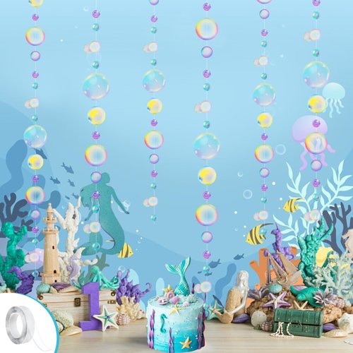 4Pack Transparent Bubble Garlands,Colorful Mermaid Birthday Decorations with Tape,Hanging Streamers for Baby Shower Girls Birthday Decor Ocean Themed Party,Under The Sea,Bachelorette(Colorful,4Pcs)