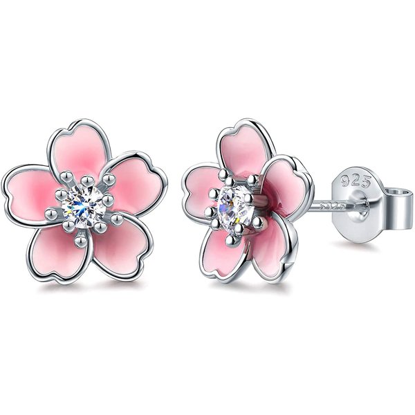 Pink Flower Earrings for Women, 925 Sterling Silver Stud Earrings, Cute Plumeria Earrings For Girl, Cherry Blossom Hypoallergenic Stud