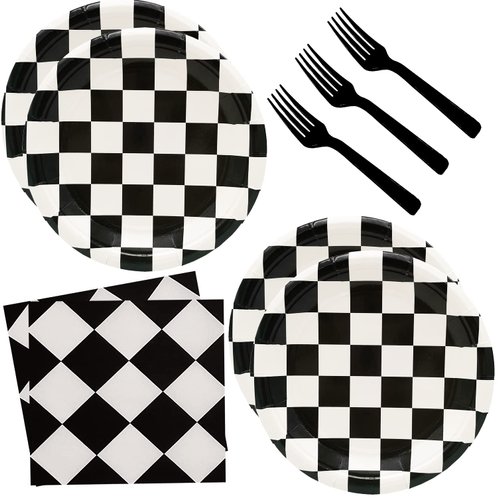 60Pcs Black and White Checkered Race Car Party Supplies,Racing Themed Tableware Set 7"Racing Dessert Paper Plates and Napkins,Fork for Kids Car Sports Race car Themed Birthday Party Decor (Car Set)