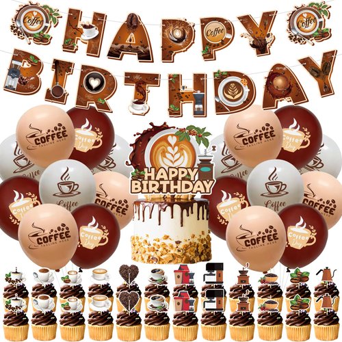 44 Pieces Coffee Party Supplies Includes Coffee Happy Birthday Banner Cake Topper Cupcake Toppers Balloons Classic Coffee Themed Party for Adult Coffee Lovers Birthday Party Decorations