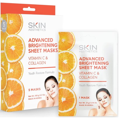 Skin Aesthetics Vitamin C & Collagen Sheet Face Mask - Reduce Wrinkles & Age Spots, Moisturizes, Hydrating & Advanced Brightening Sheet Mask - Cruelty Free Korean Skin Care - All Skin Types - 5 Masks