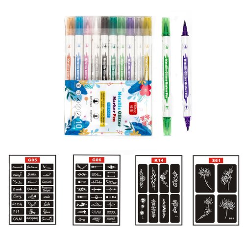 HuoHuo 10PCS Temporary Dual Tip Tattoo Pen,Temporary Tattoo Markers for Skin,Washable & Shimmery Body Ink,Trendy Tattoo Kit, Colored Ink Tattoo Pens for Body & Face Art with 60 Tattoo Stencil Papers