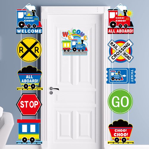 11 Pieces Train Party Decorations Railroad Crossing Sign Door Sign Banner Steam Train Porch Sign Cutouts Wheel Railway Transportation Birthday Party Decorations for Home Classroom