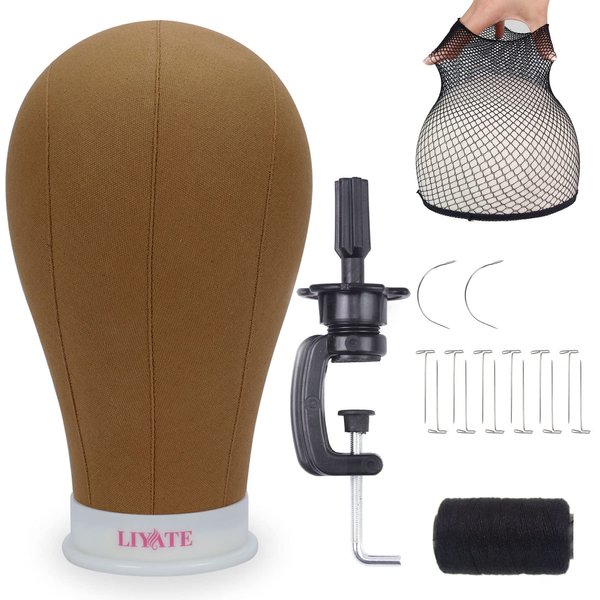 Wig Head 23 Inch Canvas Block Mannequin Head Brown Wig Head and Stand for Wigs Making Display Canvas Wig Heads Mannequin Head with Table Stand, T Needle, C Needles, Wig Caps, Thread, Brown Head