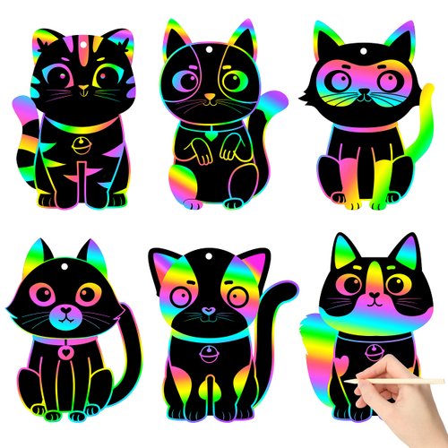 CY2SIDE 60PCS Cat Animal Rainbow Color Scratch Bookmarks for Kids, DIY Cat Rainbow Color Scratch Craft Kit Birthday Party Decors, Catling Pet Magic Art Rainbow Color Craft Kit for Birthday Party Favor