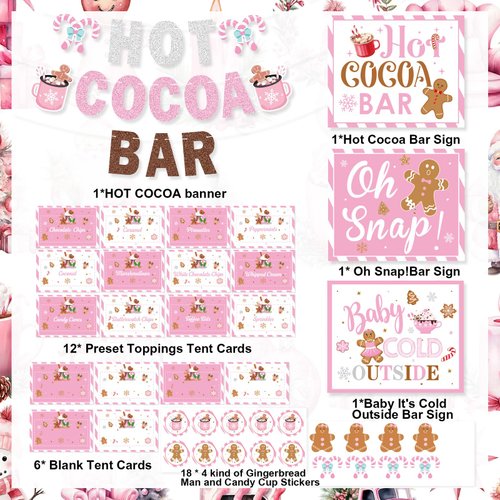 Hot Cocoa Bar Kit Pink Hot Cocoa Bar Banner Cute Gingerbread Man Sign Oh Snap Toppings Tent Cards Cup Tags Stickers for Winter Baby Shower Christmas Party Baby It's Cold Outside Decorations