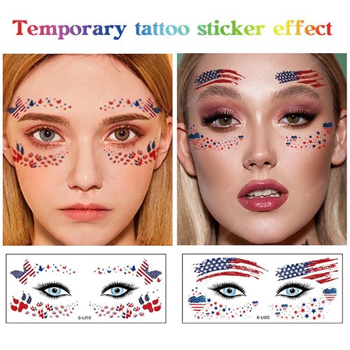 4th of July Face Tattoo Stickers for Kids Adults, 10 Sheets Independence Day Temporary Tattoo Red White Blue USA Flag Patriotic Party Supplies Fake Tattoos for Eye Makeup Face Decor