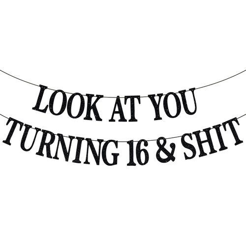 Happy 16th Birthday Banner, Happy Sweet 16, 16 and Fabulous, Funny Teens 16th Birthday Party Decorations Backdrop Gifts, Black Glitter