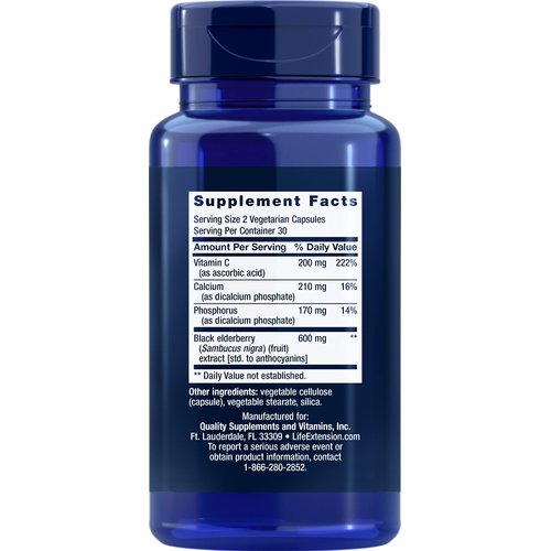 Life Extension Black Elderberry + Vitamin C - Immune System Support, Gluten-Free, Non-GMO - 60 Vegetarian Capsules