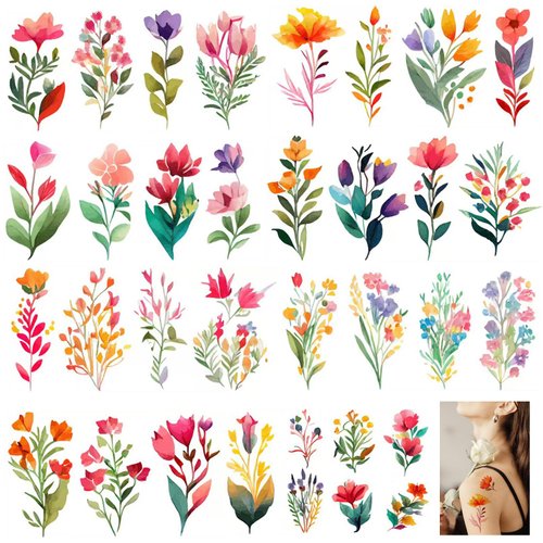 Flower Temporary Tattoos for Women Girls, 20 Sheets Fake Watercolor Rose Lily Tattoo Stickers Waterproof Art for Face Body Arm Kids Birthday Party Favors Makeup Supplies Gifts