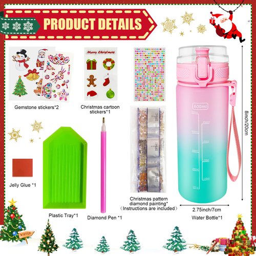 Bailiyake Decorate Your Own Water Bottle Kits for Christmas Gifts Girls,DIY Christmas Diamond Art Painting Crafts Kits,Christmas Stocking Stuffers Gifts for Girls,White Elephant Gifts (Pink)