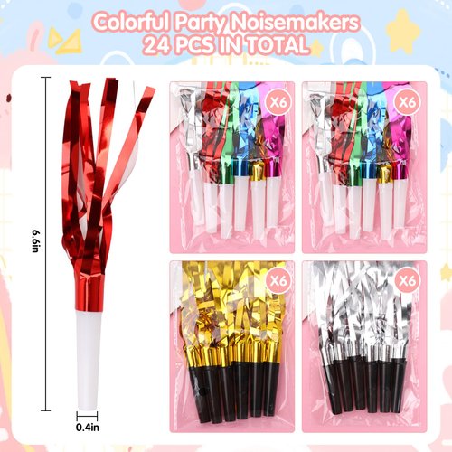 TXMLXY 24 Pcs Glitter Noisemakers, Metal Tassel Music Birthday Blowers, Horn Whistles Party Favors Blow Out, Kids New Year's Eve Noisemakers (Color, Gold, Silver)