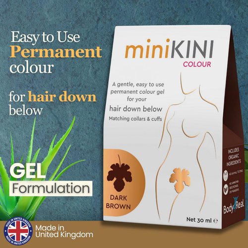 MiniKini Permanent Bikini Hair Dye Coloring Kit Dark Brown Dark Blonde Black Long Lasting Result and VAJ-J VISOR Ladies Intimate Area Protective Shield Cover (Dark Brown, Minikini Dark Brown + Vajj)