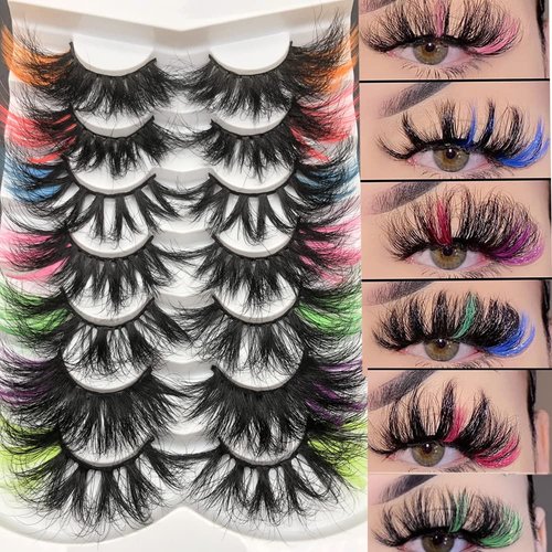 Mikiwi 25mm Colored Mink Lashes Pack, 7 Pairs Mix Color Drametic Long 25mm Real Mink Eyelashes With Color on end, Fluffy Mink Colored Eyelashes, Colorful Lashes With Orange/Red/Pink/Blue/Green/Purple