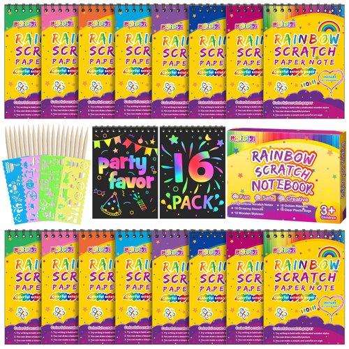 pigipigi Scratch Paper Party Favor: 16 Pack Rainbow Scratch Notebook for Kid Art Craft Supplies Age 3-12 Boys Girls Coloring Book Birthday Christmas Easter Toy Gift Activity Drawing Kit