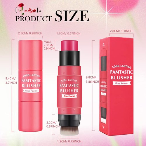 LOKFAR Cream Blush Stick for Cheeks Blush Makeup - 2 in 1 Multi Stick Blush for Cheeks Tint & Eyes & Lips, Cheek Makeup Stick Makeup Blush with Brush, Waterproof Creme Blush (#02 Rose Red)