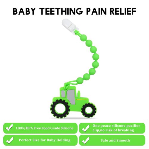 AmazingM Baby Food Grade Silicone Tractor Truck Teether Toy with One Piece Design Pacifier Clip Holder,Teething Pain Relief Toys Gift Set for 3 Months+ Boys and Girls,Freezer Safe,BPA Free. (Green)