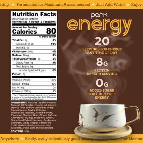 Perk Energy Original Chai Latte Flavored Drink Powder (20 Servings) - Gluten-Free, Peanut-Free
