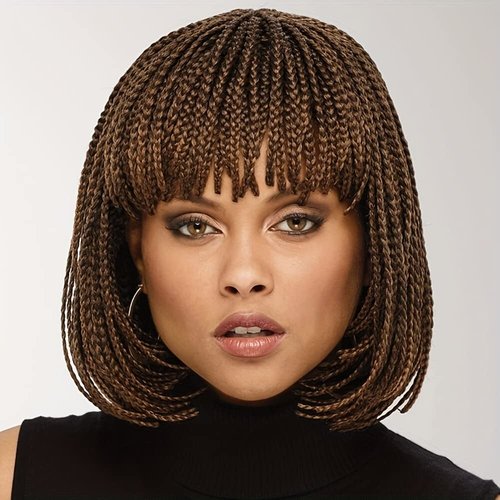 Czrleaty Box Braid Wig Synthetic Short Bob Wig Box Braided Wig with Bangs Cornrow Braided Wigs for Black Women (10 inches, Brown)