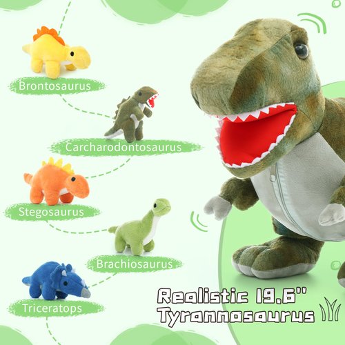 Muiteiur Dinosaur Stuffed Animals Soft Plush 19.6 inch Dinosaur Stuffed with 5 Cute Babies T-Rex Zippered Belly Dinosaur Gift Set for Kids Girl Boy