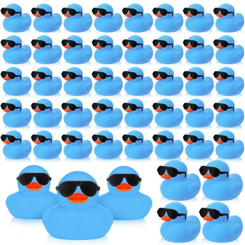 Sosation 48 Pack Mini Rubber Ducks with Sunglasses Sets Duck Bath Toys Squeaky Rubber Ducks Float Bathtub Duckies for Little One Birthday Party Favors Class Carnival Prizes Car Decor(Blue)