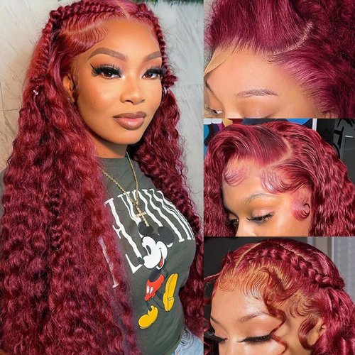 YFFSSJFC Burgundy Deep Wave Lace Front Wigs Human Hair 13x4 180% Density Red Frontal Wigs Human Hair Hd Lace Front Wigs Human Hair Pre Plucked Burgundy Wig Human Hair Wigs for Black Women (18 Inch)