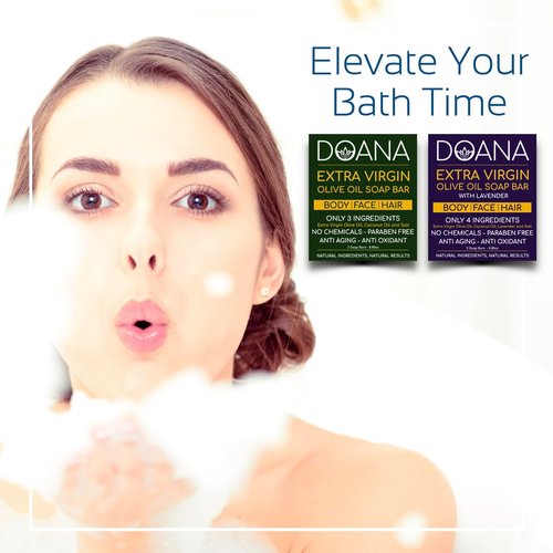 Doana Extra Virgin Olive Oil Soap With LAVENDER OIL, Artisan, Cold Processed With Coconut Oil, Facial & Body Cleansing, 8.8oz(Pack of 2)