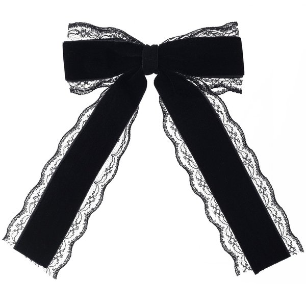 CustomyLife 1pcs Black Lace Hair Bow Clip Coquette Bow Barrettes with Long Tail Ribbon for Women Christmas Valentines Wedding Prom Gothic Decorative Accessories