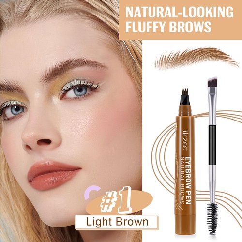 3D Microblading Eyebrow Pencil, 2024 New Waterproof Microblading Eyebrow Pencil Contouring Pen with 4 Fork Tip & Spoolie Brush, Precise Brush-Tip Create Natural Hair-Like Brows (#1 Light Brown)