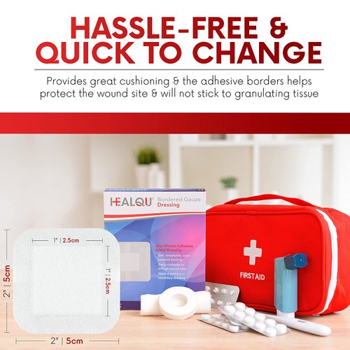 HEALQU Bordered Gauze Island Dressing - 50 Count, 2" x 2" Sterile Individually Wrapped Gauze Pads with Water-Resistant, Non-Woven Backing - Soft and Breathable Wound Dressing for First Aid and Medical