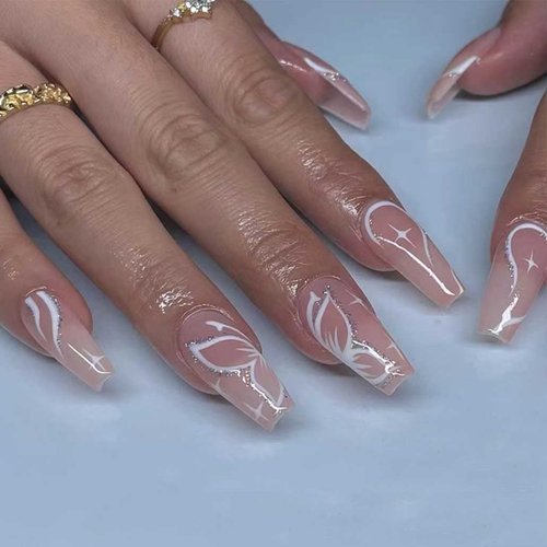 Foccna Butterfly Fake Nails, Artificail Extra Long Press on Nails, Glitter Acrylic Pink Full Cover Fake Nails with Design Nail Tips for Women&Girls, 24PCS