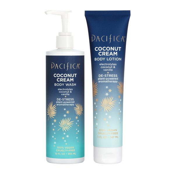 Pacifica Beauty Coconut Cream Body Wash with Pump and Moisturizing Body Lotion Set, Bath and Shower Gel, Aloe, Hyaluronic Acid, Hydrating, Cleansing, De Stress, Vegan, 12 fl oz and 5 fl oz (Set of 2)