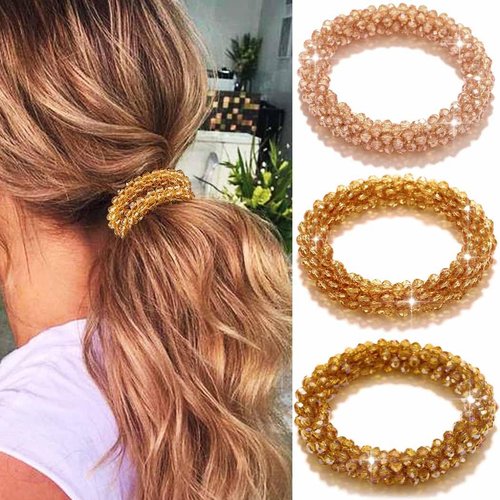 Fashey Rhinestone Hair Ties Champagne Elastic Ponytail Holder 3 Pcs Beaded Hairbands Stretchy Hair Accessories for Women