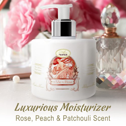 Un Air d'Antan Hand Cream for Dry Cracked Hands 10.5oz - Hand Lotion Pump, Non Greasy Moisturizer with Essential Oils, Cruelty Free Formula - Rose Peach Patchouli